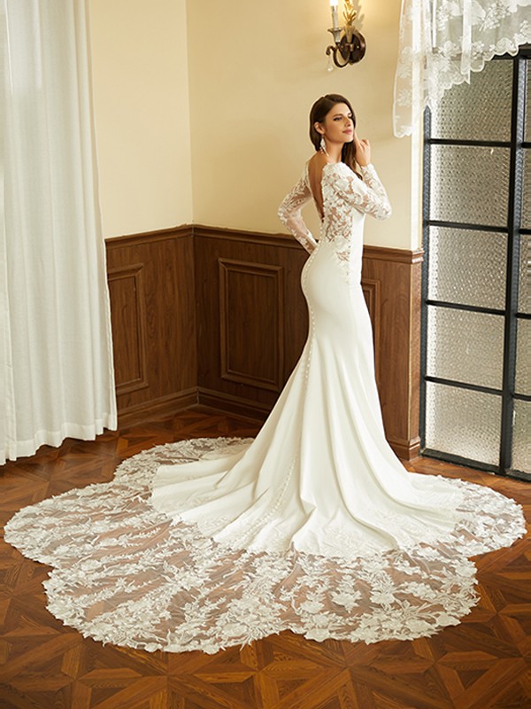 Sheath/Column Stretch Crepe Lace Scoop Long Sleeves Cathedral Train Wedding Dresses 1462