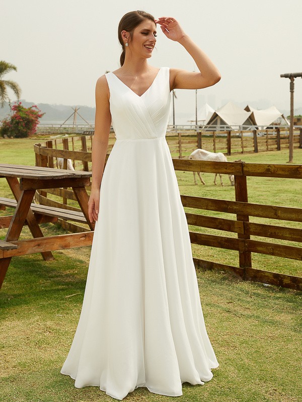 A-Line/Princess Chiffon Ruched V-neck Sleeveless Floor-Length Wedding Dresses 663