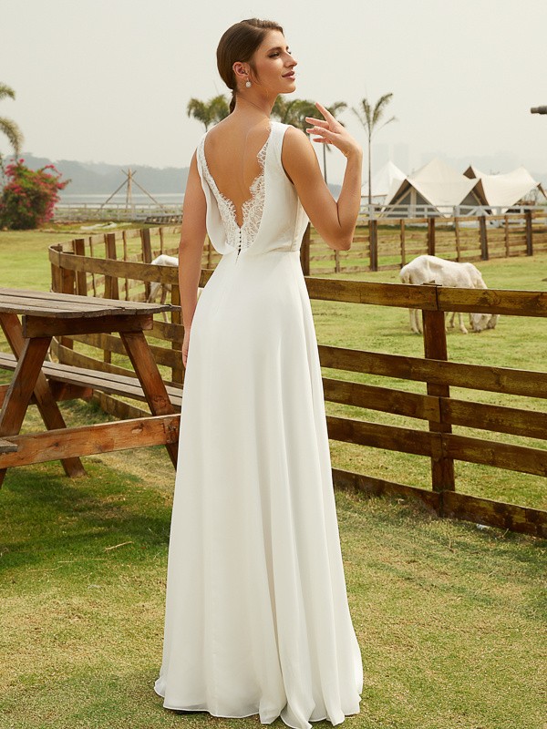 A-Line/Princess Chiffon Ruched V-neck Sleeveless Floor-Length Wedding Dresses 663