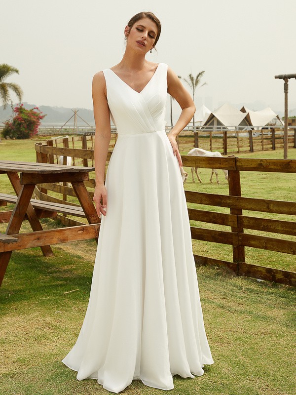 A-Line/Princess Chiffon Ruched V-neck Sleeveless Floor-Length Wedding Dresses 663