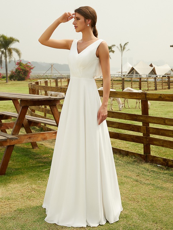 A-Line/Princess Chiffon Ruched V-neck Sleeveless Floor-Length Wedding Dresses 663