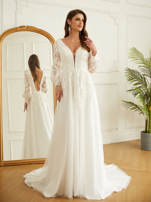 A-Line/Princess Tulle Lace V-neck Long Sleeves Court Train Wedding Dresses 1066