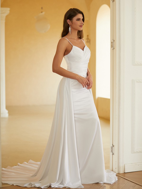 Sheath/Column Charmeuse Ruched V-neck Sleeveless Court Train Wedding Dresses(Detachable Train) 1361