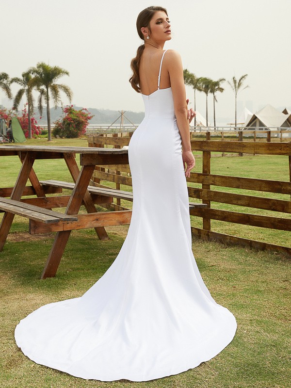 Sheath/Column Charmeuse Ruched V-neck Sleeveless Court Train Wedding Dresses(Detachable Train) 1361