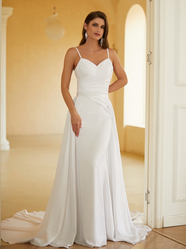 Sheath/Column Charmeuse Ruched V-neck Sleeveless Court Train Wedding Dresses(Detachable Train) 1361