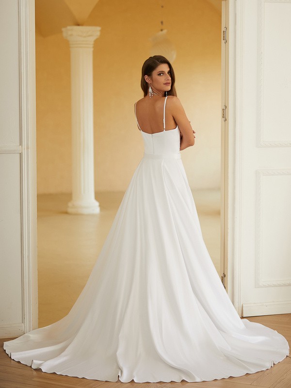 Sheath/Column Charmeuse Ruched V-neck Sleeveless Court Train Wedding Dresses(Detachable Train) 1361