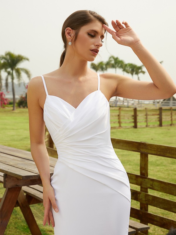 Sheath/Column Charmeuse Ruched V-neck Sleeveless Court Train Wedding Dresses(Detachable Train) 1361