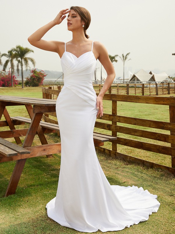 Sheath/Column Charmeuse Ruched V-neck Sleeveless Court Train Wedding Dresses(Detachable Train) 1361