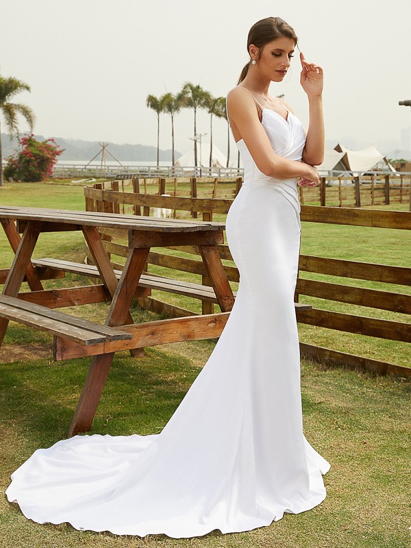 Sheath/Column Charmeuse Ruched V-neck Sleeveless Court Train Wedding Dresses(Detachable Train) 1361