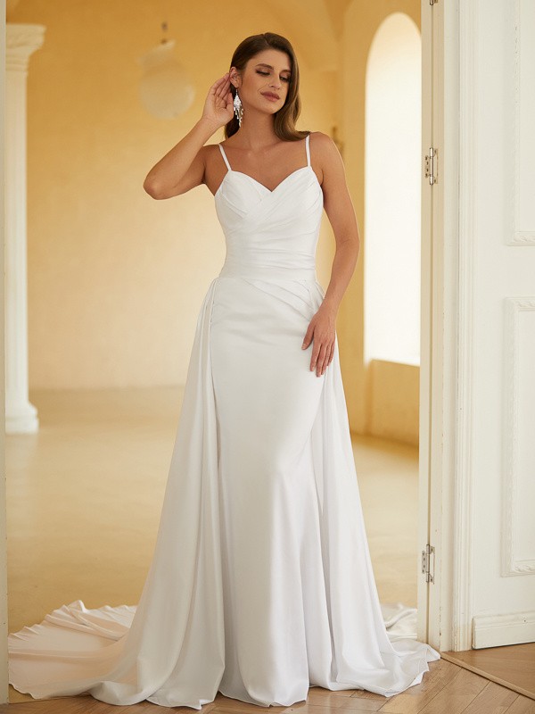 Sheath/Column Charmeuse Ruched V-neck Sleeveless Court Train Wedding Dresses(Detachable Train) 1361