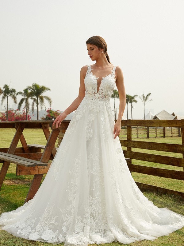 A-Line/Princess Tulle Lace Scoop Sleeveless Chapel Train Wedding Dresses 1058