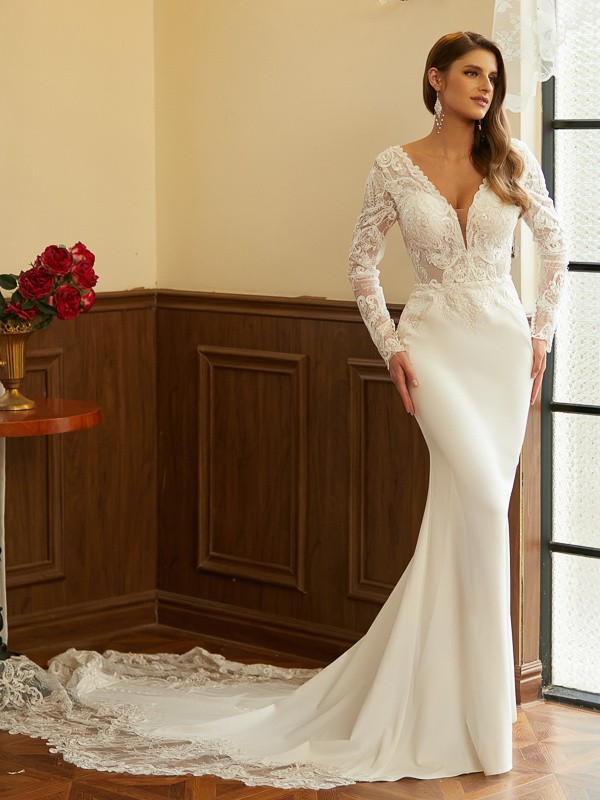 Sheath/Column Stretch Crepe Lace V-neck Long Sleeves Cathedral Train Wedding Dresses 1470