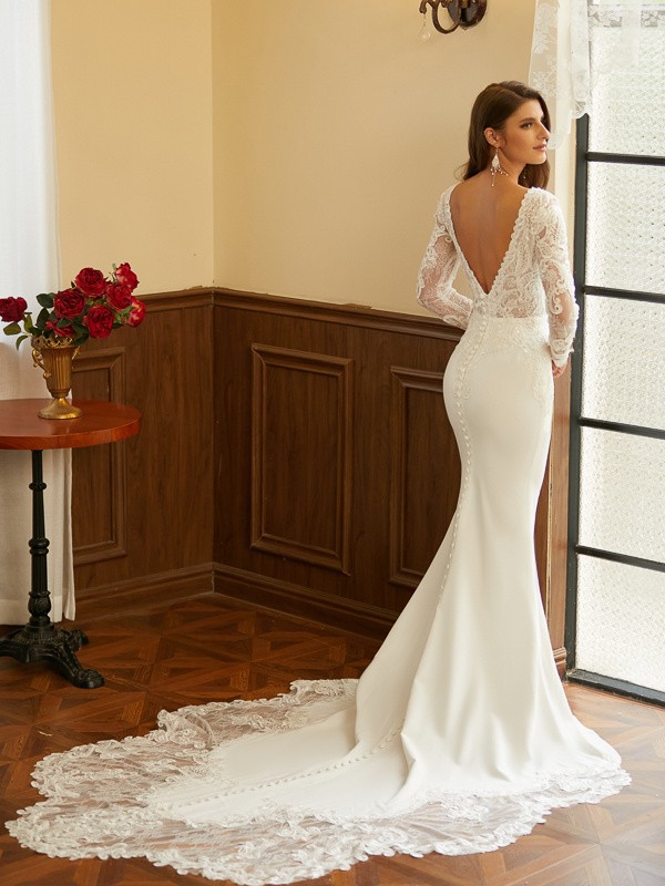 Sheath/Column Stretch Crepe Lace V-neck Long Sleeves Cathedral Train Wedding Dresses 1470