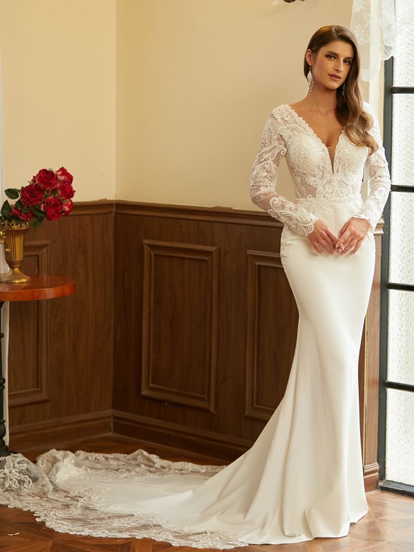 Sheath/Column Stretch Crepe Lace V-neck Long Sleeves Cathedral Train Wedding Dresses 1470