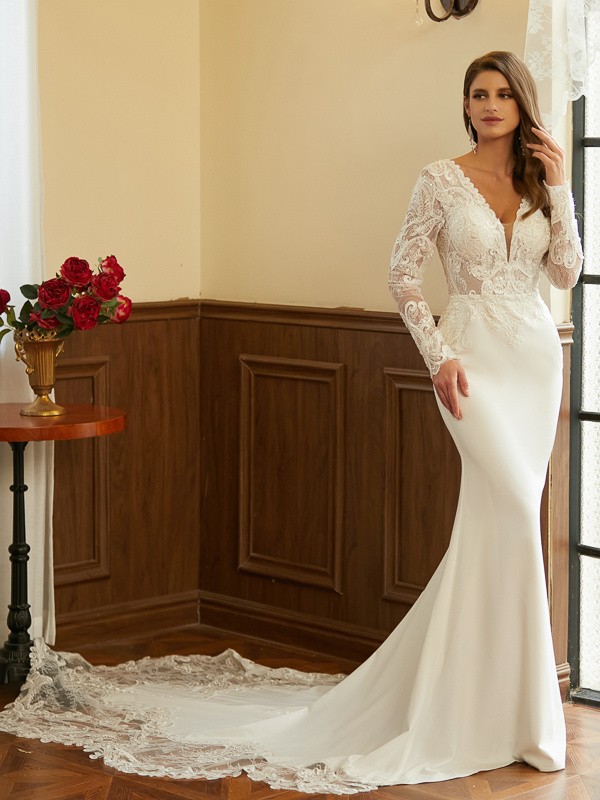 Sheath/Column Stretch Crepe Lace V-neck Long Sleeves Cathedral Train Wedding Dresses 1470