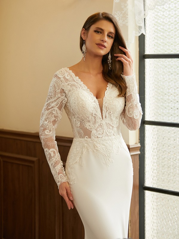 Sheath/Column Stretch Crepe Lace V-neck Long Sleeves Cathedral Train Wedding Dresses 1470