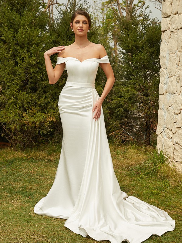 Sheath/Column Charmeuse Ruched Off-the-Shoulder Sleeveless Court Train Wedding Dresses 1352