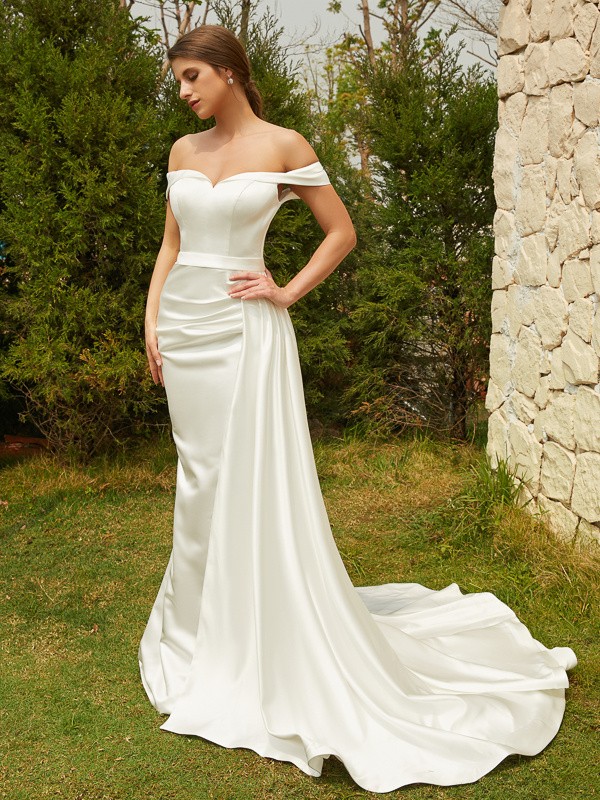 Sheath/Column Charmeuse Ruched Off-the-Shoulder Sleeveless Court Train Wedding Dresses 1352