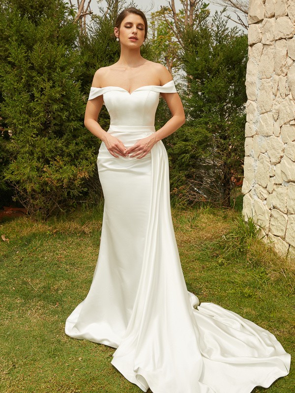 Sheath/Column Charmeuse Ruched Off-the-Shoulder Sleeveless Court Train Wedding Dresses 1352