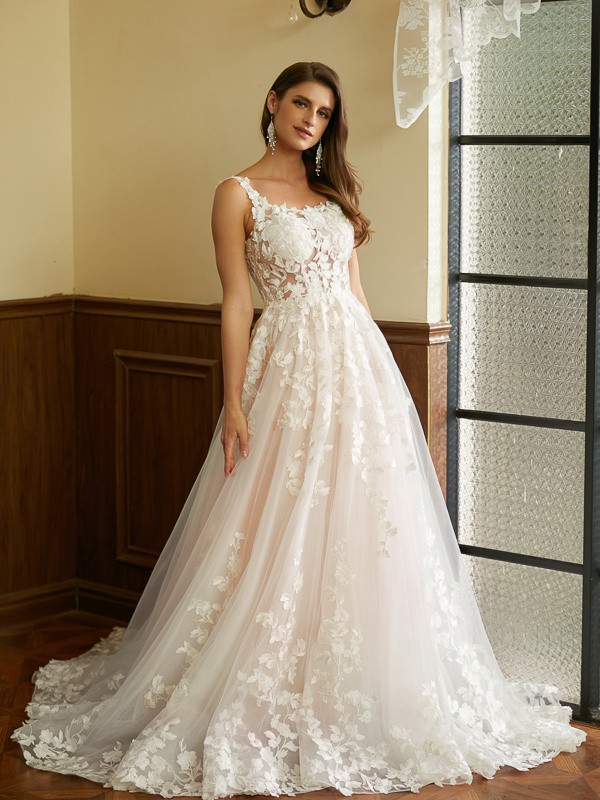 A-Line/Princess Tulle Applique Straps Sleeveless Court Train Wedding Dresses 999