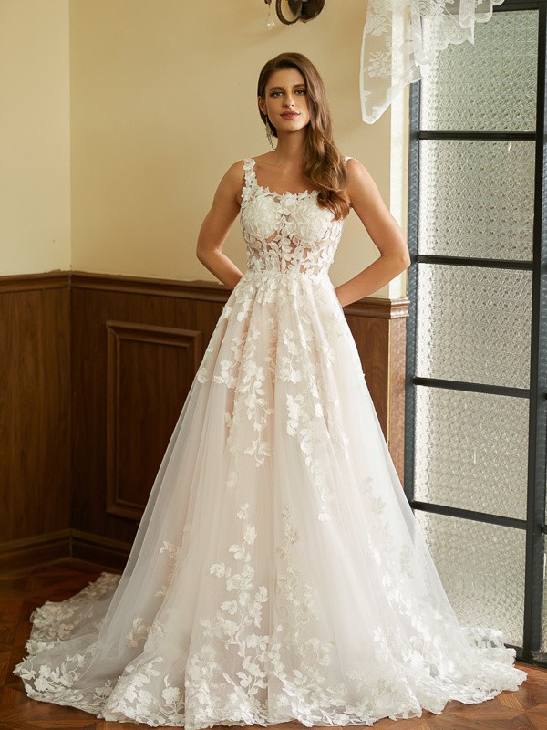 A-Line/Princess Tulle Applique Straps Sleeveless Court Train Wedding Dresses 999