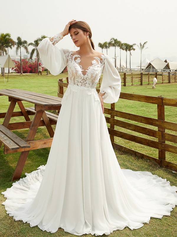 A-Line/Princess Chiffon Applique Scoop Long Sleeves Chapel Train Wedding Dresses 632