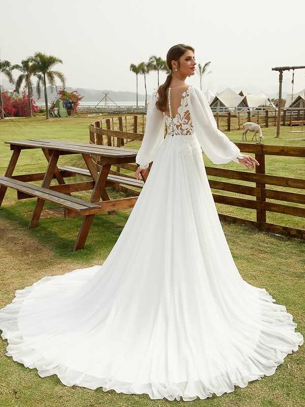 A-Line/Princess Chiffon Applique Scoop Long Sleeves Chapel Train Wedding Dresses 632