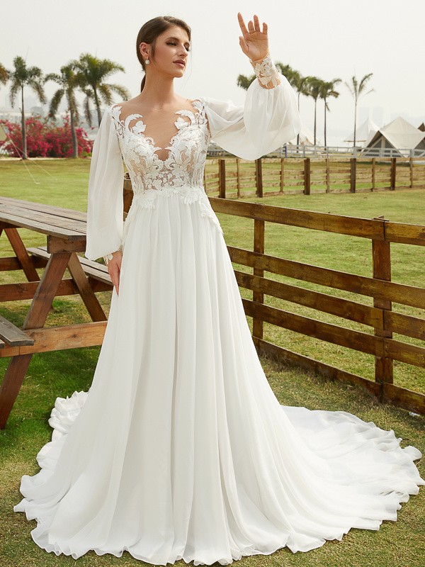 A-Line/Princess Chiffon Applique Scoop Long Sleeves Chapel Train Wedding Dresses 632