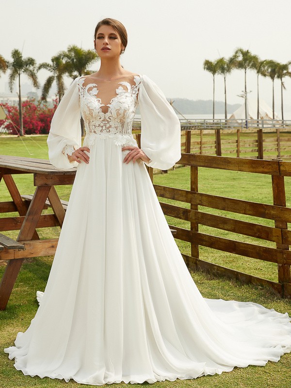 A-Line/Princess Chiffon Applique Scoop Long Sleeves Chapel Train Wedding Dresses 632