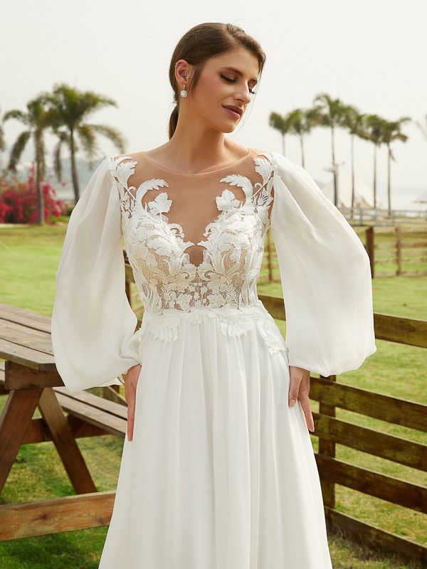 A-Line/Princess Chiffon Applique Scoop Long Sleeves Chapel Train Wedding Dresses 632