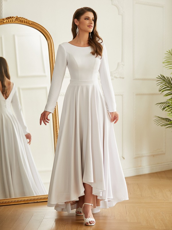 A-Line/Princess Stretch Crepe Ruffles Scoop Long Sleeves Asymmetrical Wedding Dresses 946