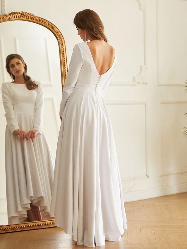 A-Line/Princess Stretch Crepe Ruffles Scoop Long Sleeves Asymmetrical Wedding Dresses 946