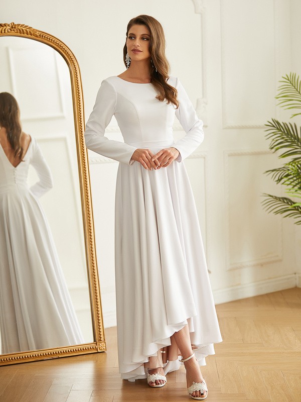 A-Line/Princess Stretch Crepe Ruffles Scoop Long Sleeves Asymmetrical Wedding Dresses 946