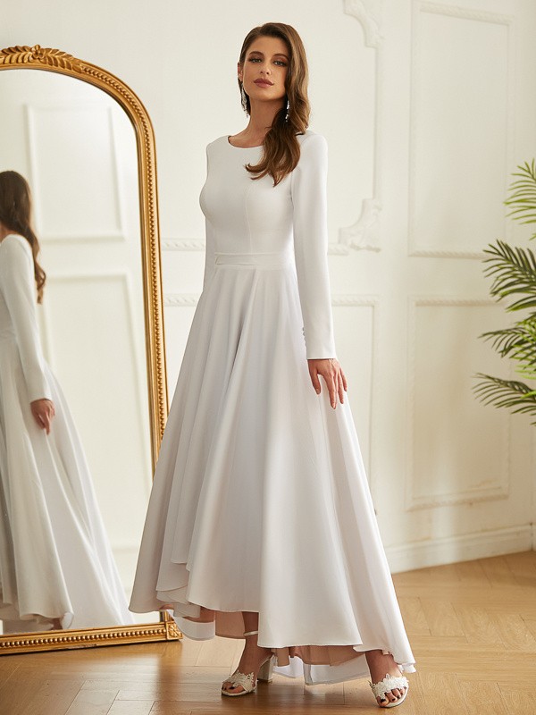 A-Line/Princess Stretch Crepe Ruffles Scoop Long Sleeves Asymmetrical Wedding Dresses 946