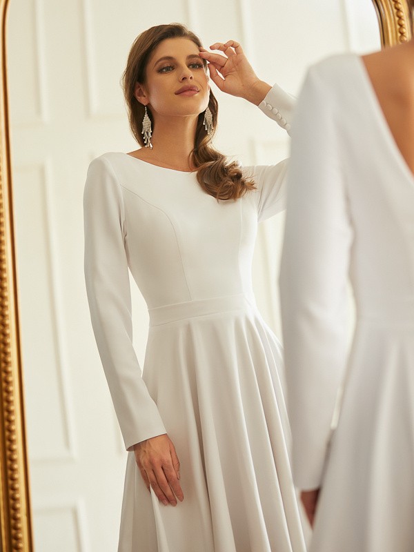 A-Line/Princess Stretch Crepe Ruffles Scoop Long Sleeves Asymmetrical Wedding Dresses 946