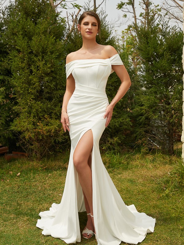 Sheath/Column Stretch Crepe Ruched Off-the-Shoulder Sleeveless Sweep/Brush Train Wedding Dresses 1488