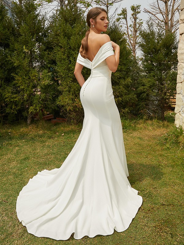 Sheath/Column Stretch Crepe Ruched Off-the-Shoulder Sleeveless Sweep/Brush Train Wedding Dresses 1488