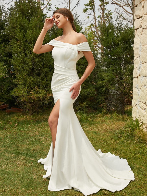 Sheath/Column Stretch Crepe Ruched Off-the-Shoulder Sleeveless Sweep/Brush Train Wedding Dresses 1488