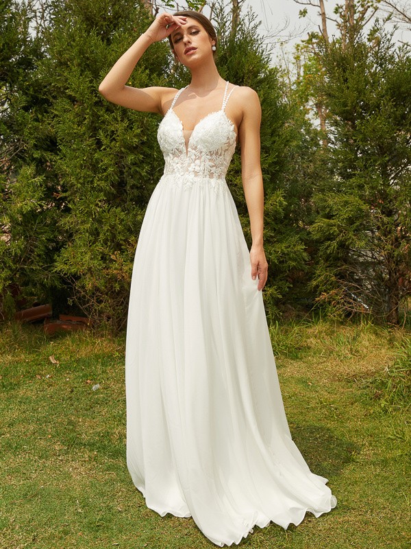 A-Line/Princess Chiffon Lace V-neck Sleeveless Sweep/Brush Train Wedding Dresses 657