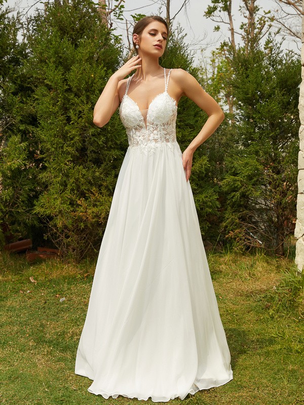 A-Line/Princess Chiffon Lace V-neck Sleeveless Sweep/Brush Train Wedding Dresses 657