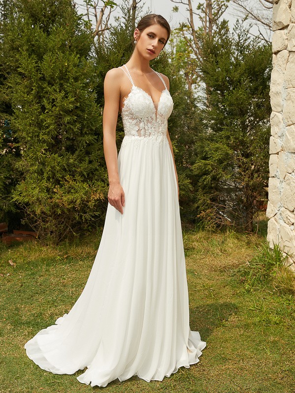 A-Line/Princess Chiffon Lace V-neck Sleeveless Sweep/Brush Train Wedding Dresses 657