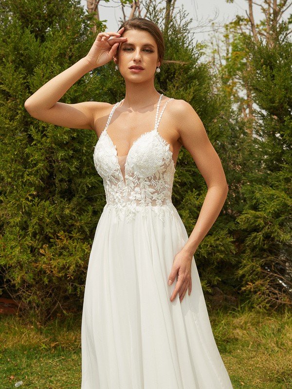 A-Line/Princess Chiffon Lace V-neck Sleeveless Sweep/Brush Train Wedding Dresses 657