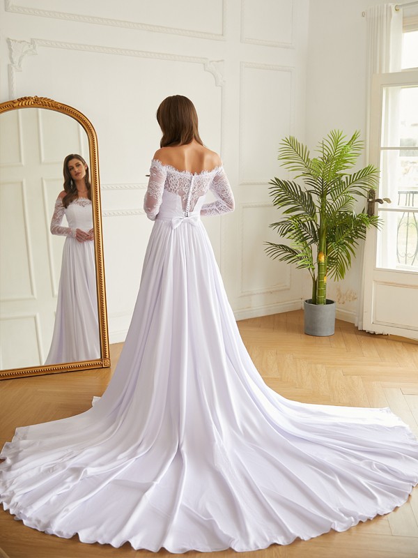 A-Line/Princess Satin Chiffon Lace Off-the-Shoulder Long Sleeves Cathedral Train Wedding Dresses 800