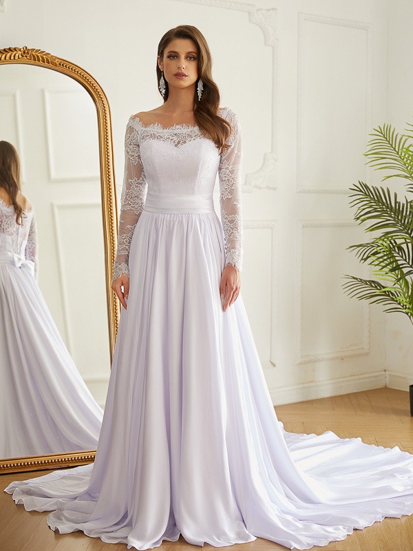 A-Line/Princess Satin Chiffon Lace Off-the-Shoulder Long Sleeves Cathedral Train Wedding Dresses 800