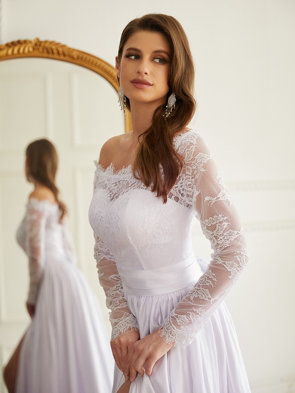 A-Line/Princess Satin Chiffon Lace Off-the-Shoulder Long Sleeves Cathedral Train Wedding Dresses 800