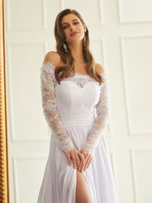 A-Line/Princess Satin Chiffon Lace Off-the-Shoulder Long Sleeves Cathedral Train Wedding Dresses 800