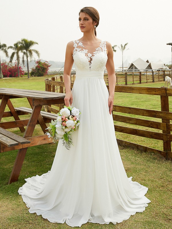 A-Line/Princess Chiffon Lace Scoop Sleeveless Sweep/Brush Train Wedding Dresses 647