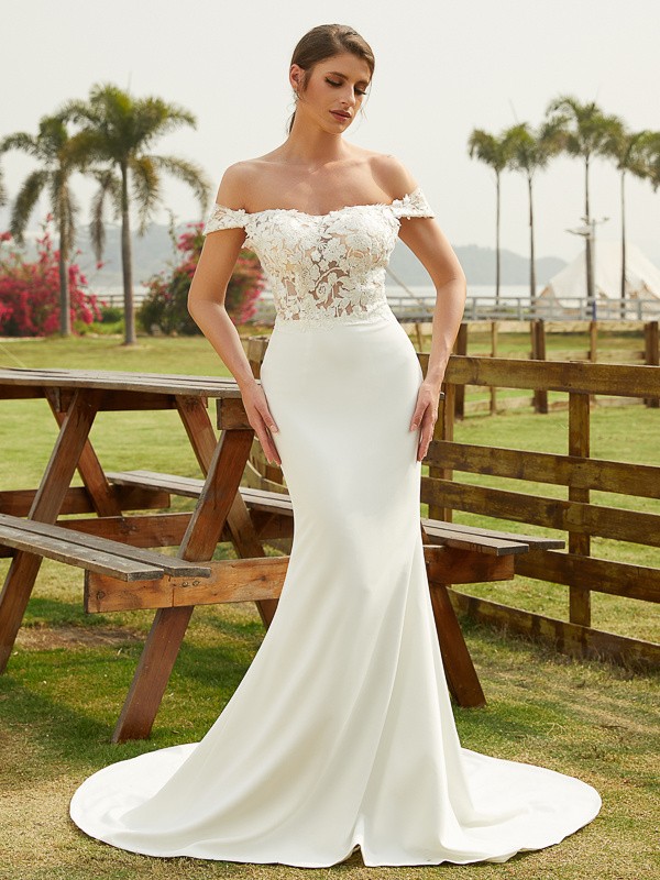 Sheath/Column Stretch Crepe Lace Off-the-Shoulder Sleeveless Court Train Wedding Dresses 1461