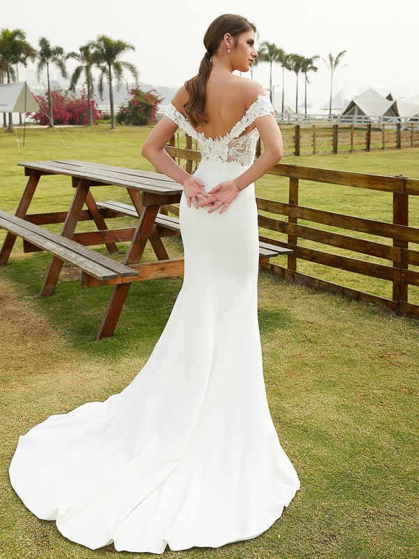 Sheath/Column Stretch Crepe Lace Off-the-Shoulder Sleeveless Court Train Wedding Dresses 1461