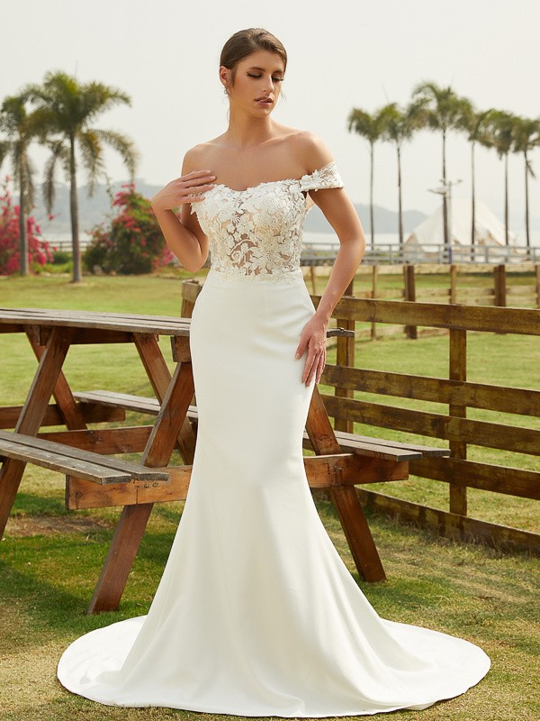 Sheath/Column Stretch Crepe Lace Off-the-Shoulder Sleeveless Court Train Wedding Dresses 1461